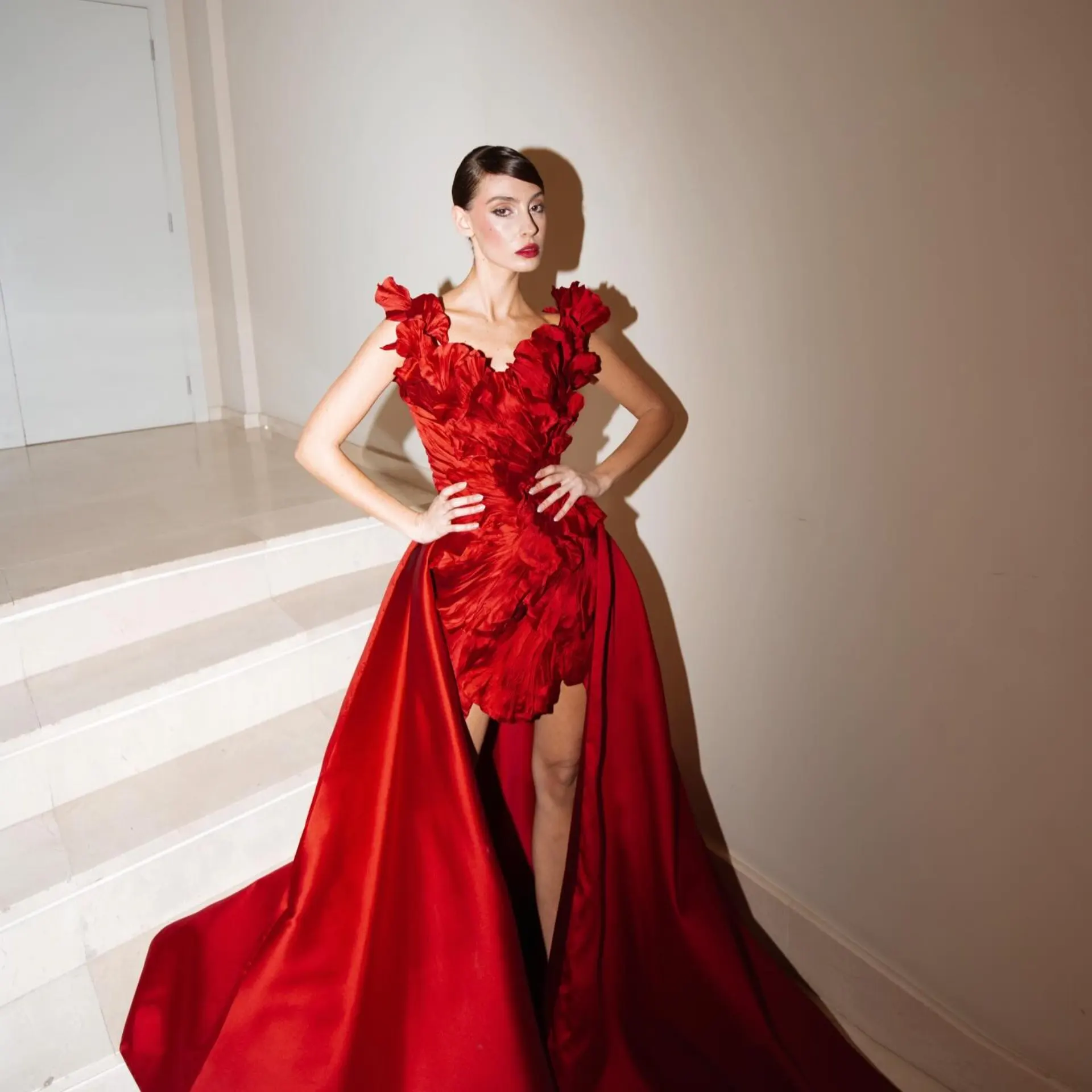 

Women's Satin Skirt A-line Gown with Long Train and High Slit Deep Red Formal Evening Partywear Luxury Wedding Overlay Skirts