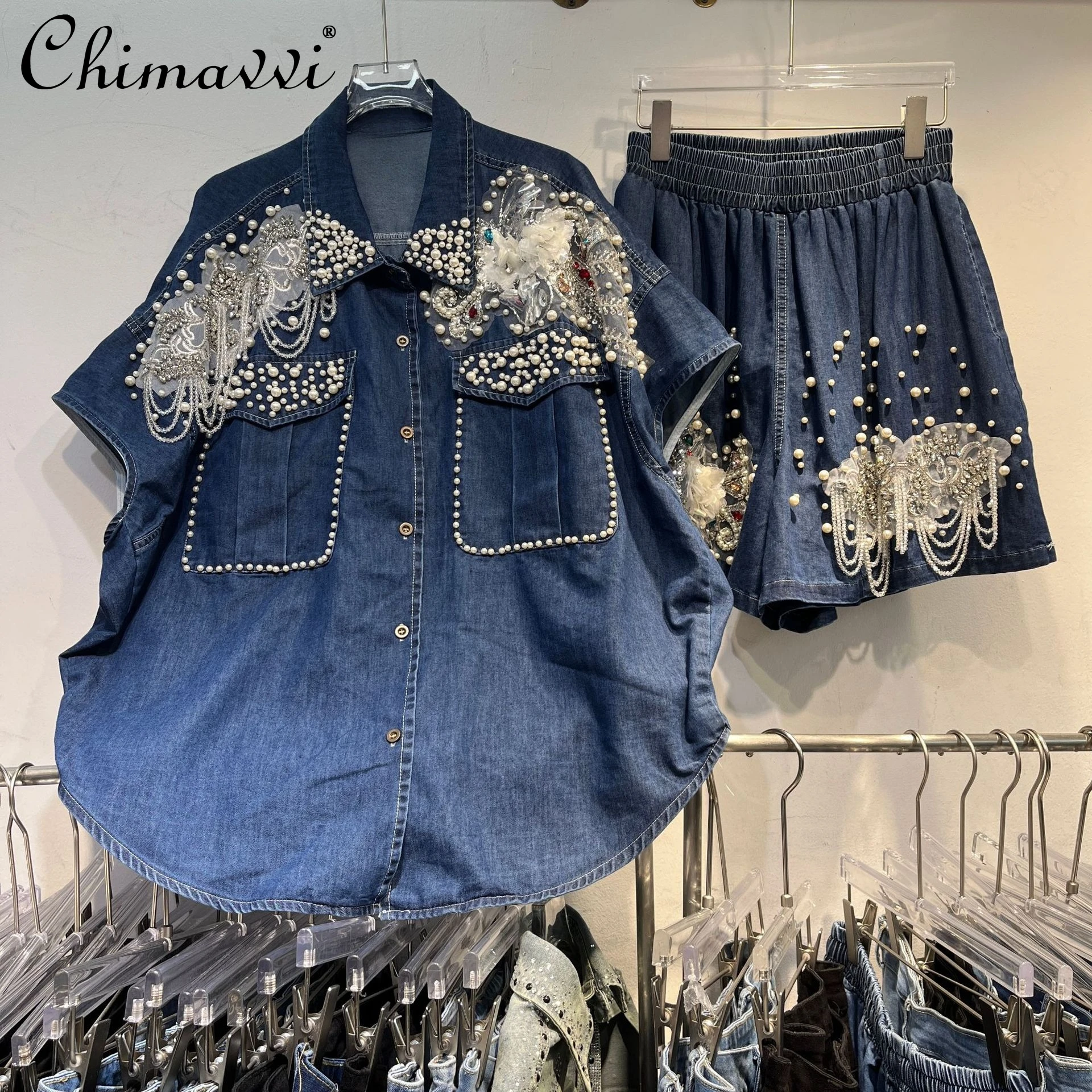 

Heavy Bead Diamond Short Sleeve Denim Shirt Top and Shorts Summer New Fashion Large Size Elastic Waist Shorts Women's 2piece Set
