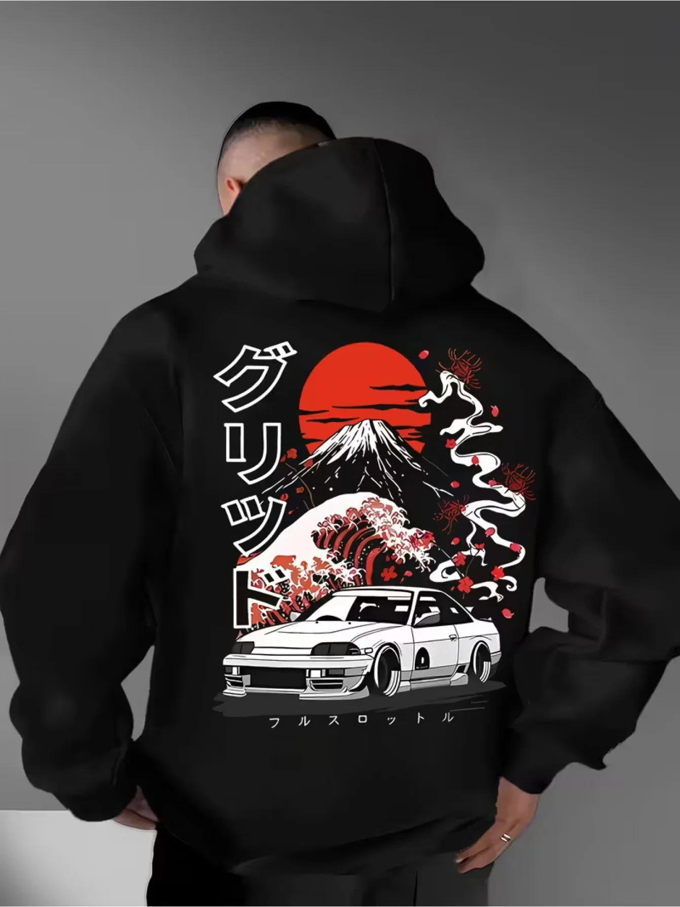 Harajuku JDM Tuner Car Hoodie Unisex Ukiyo-e Red Sun Sakura Japanese Letter Double Sided Print Oversized Hooded Sweatshirt