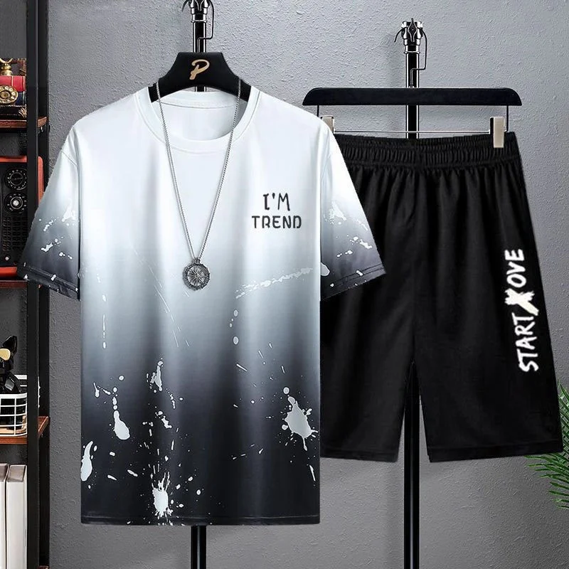 New Ice Silk Gradient Set Men's Short Sleeve T-Shirt Summer Casual Shorts Sport Two-Piece Set Handsome Men's Wear