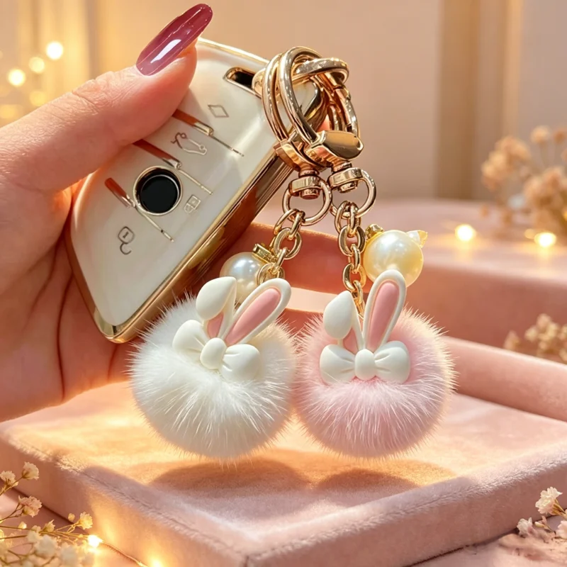 

Furry Rabbit Keychain Cartoon Soft Cute Fur Ball Rabbit Dolls Bag Charms Car Keyring, Bag Ornaments Gift for Girls Rabbit Lovers