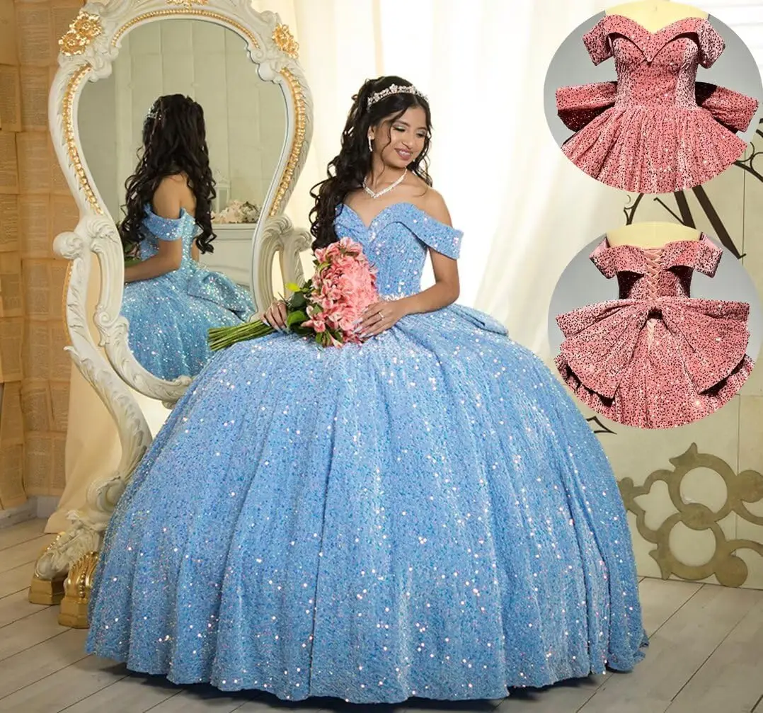 فساتين Quinceanera بترتر سباركلي مع فيونكة مكشوفة الكتف أنيقة حلوة 15 16 فساتين لحفلات أعياد الميلاد