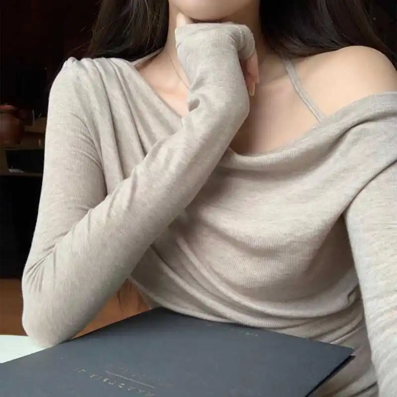 Pure Desire Atmosphere Long Sleeve T-Shirt Women's Autumn Silk Blend Tie Neck Slanting Collar Lazy Top Commute Style Straight...