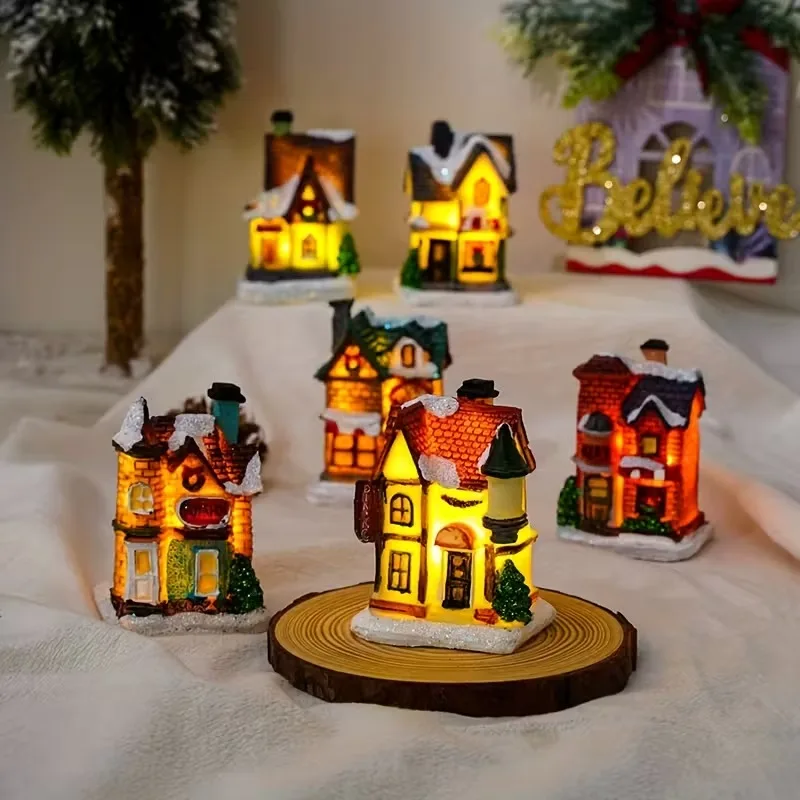 1-4Sets Christmas Resin Mini House Set with LED Lights for Winter Village Display Tabletop Mantle Decor Holiday Home Decorations