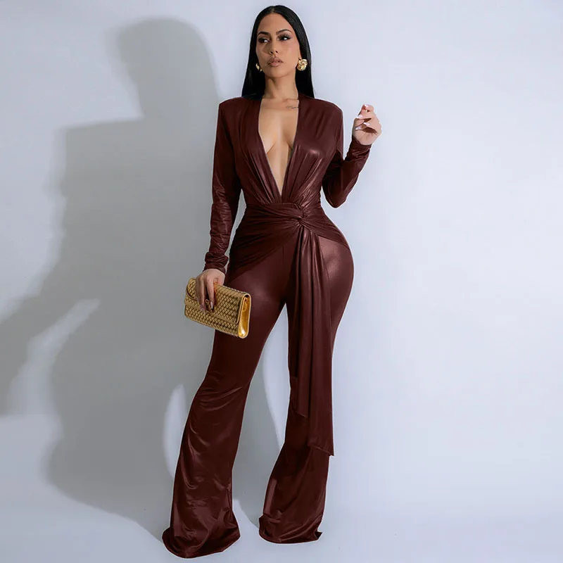 

Elegant Deep V-neck Long Sleeve Jumpsuits for Woman High Waist Draped Flare Pants One Piece Club Outfit Party Romper with Ribbon