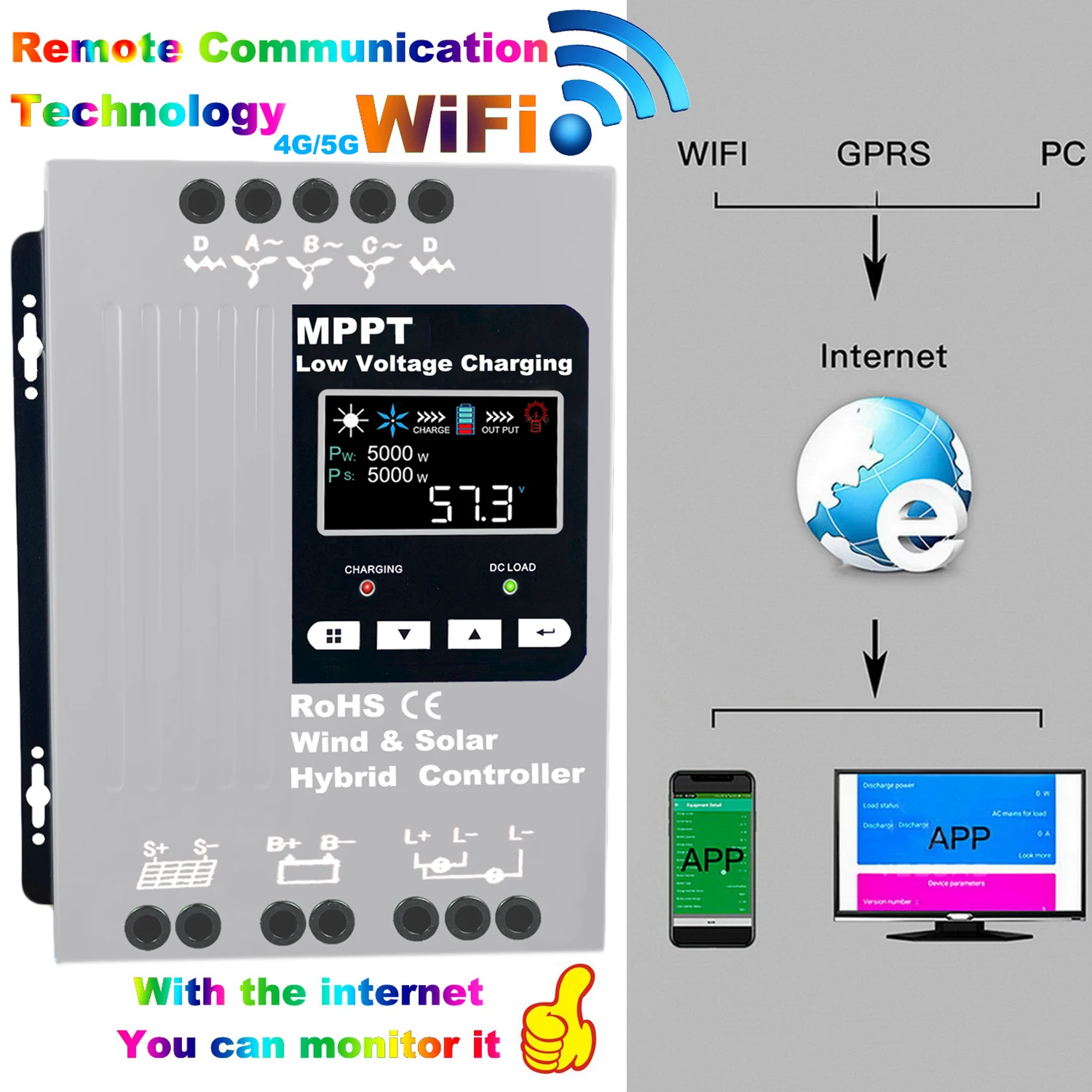 Imagem -05 - Vento Híbrido Controlador de Carga de Energia Solar com Função Wi-fi 5000w 12v 24v 48v 2500w Painel Solar Mppt Novo