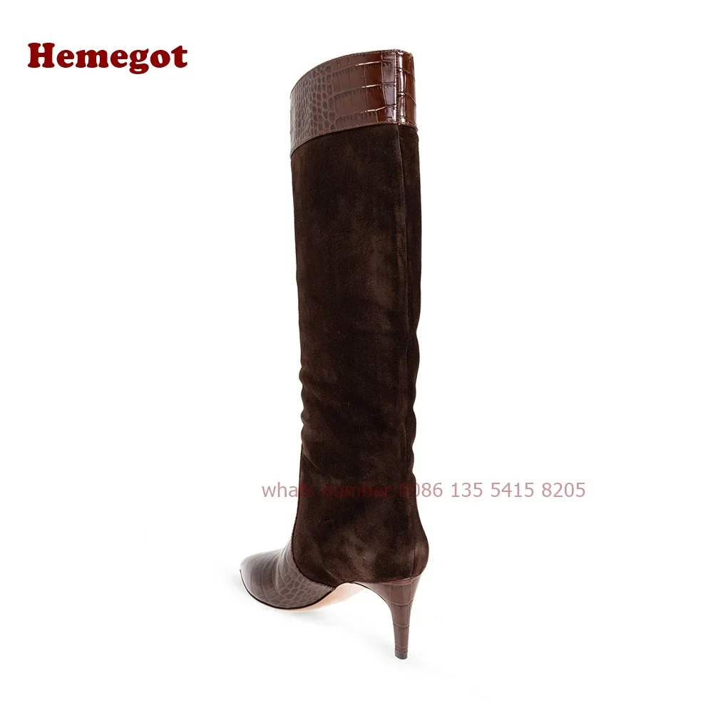 Patchwork Croc-Pattern Knee High Boots Pointy Toe Fur Thin Heel Women's Long Boots Winter Brown Slip On Luxury Warm Shoes Sexy