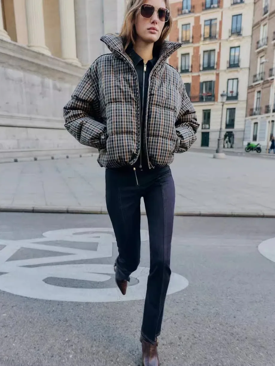 

Теплая хлопковая верхняя одежда Jaet с застежкой-молнией, длинным воротником-стойкой, клетчатым дизайном, зимнее пальто для поездок на работу Sle Thi