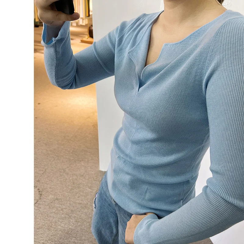 

Wool Cashmere Blending Bottoming Shirt Women 2023 Spring and Summer New Simple All-match Korean Knitted Sweater Women