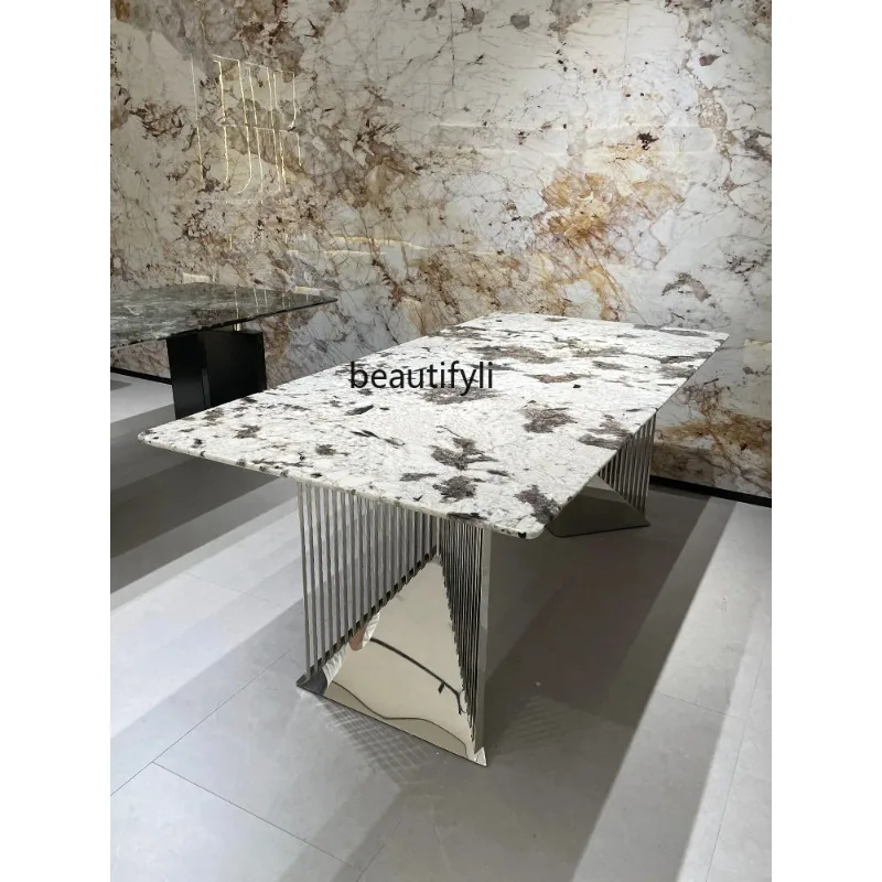 A4567 Blue Crystal Natural Marble Dining-Table Light Luxury High-End Designer Rectangular Luxury Stone Dining Table