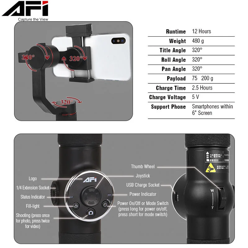 AFI Handheld Gimbal Smartphone Stabilizer 3-Axis Selfie Stick Gopro Action Camera, Cell Phone Tracking Gimbal For Tiktok or Volg