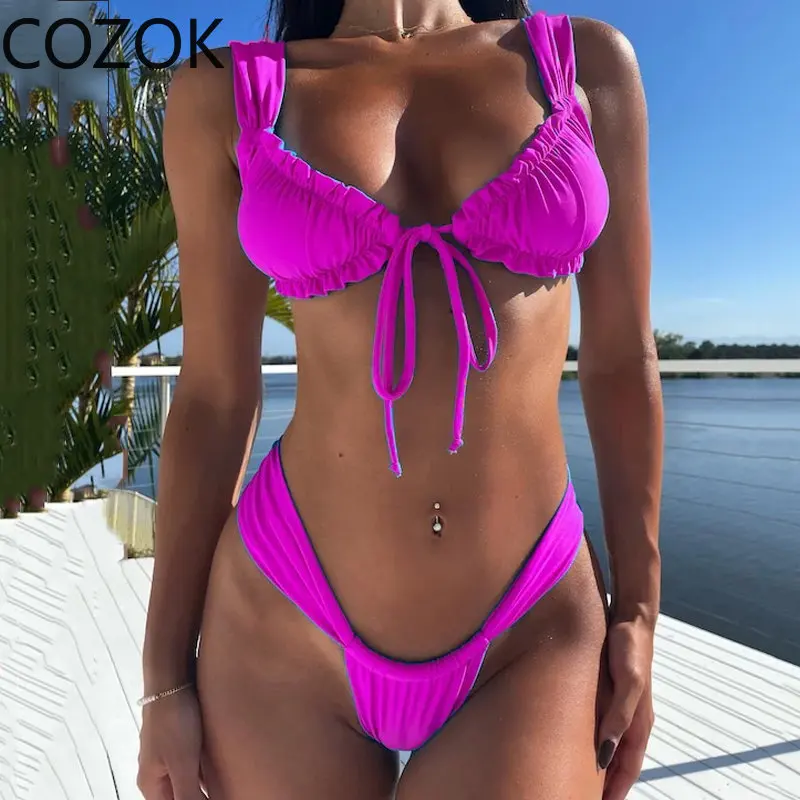 Bikini plisado de cintura alta para mujer, traje de baño Sexy de 2 piezas, ropa de playa, conjunto de Bikini