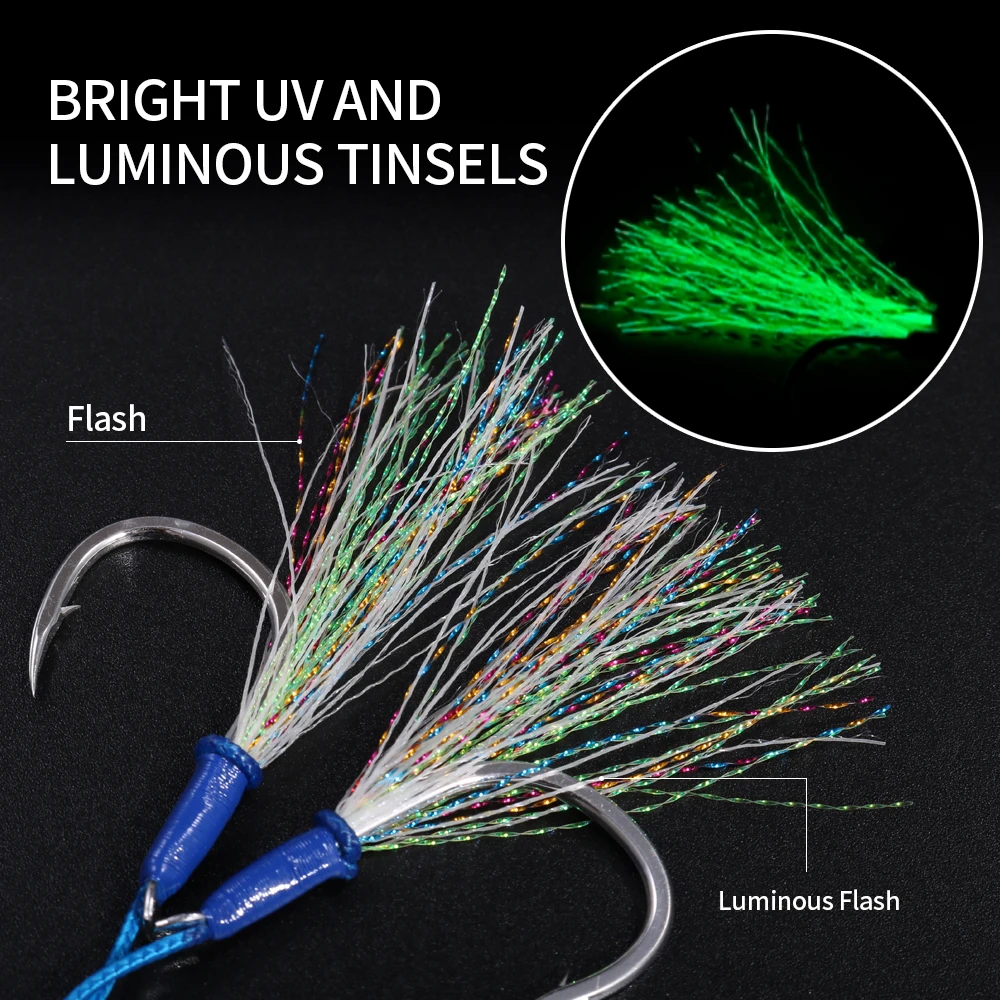 JIGGING PRO 1# 1/0 2/0 3/0 4/0 Luminous Twin Assist Hook Metal Jig Hooks Saltwater Fishing Tackle Jigging Hooks