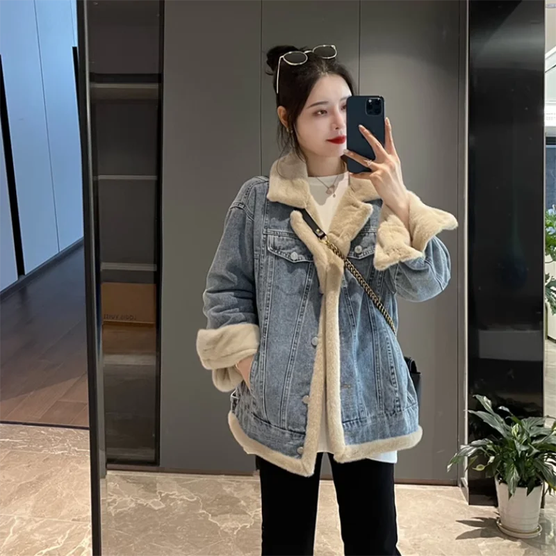 

Fried Street Thicke Jeans Jackets Women's Overcoat Autumn Winter New Korean Loose Two-Sided Lamb Wool Cowboy Parka Coat