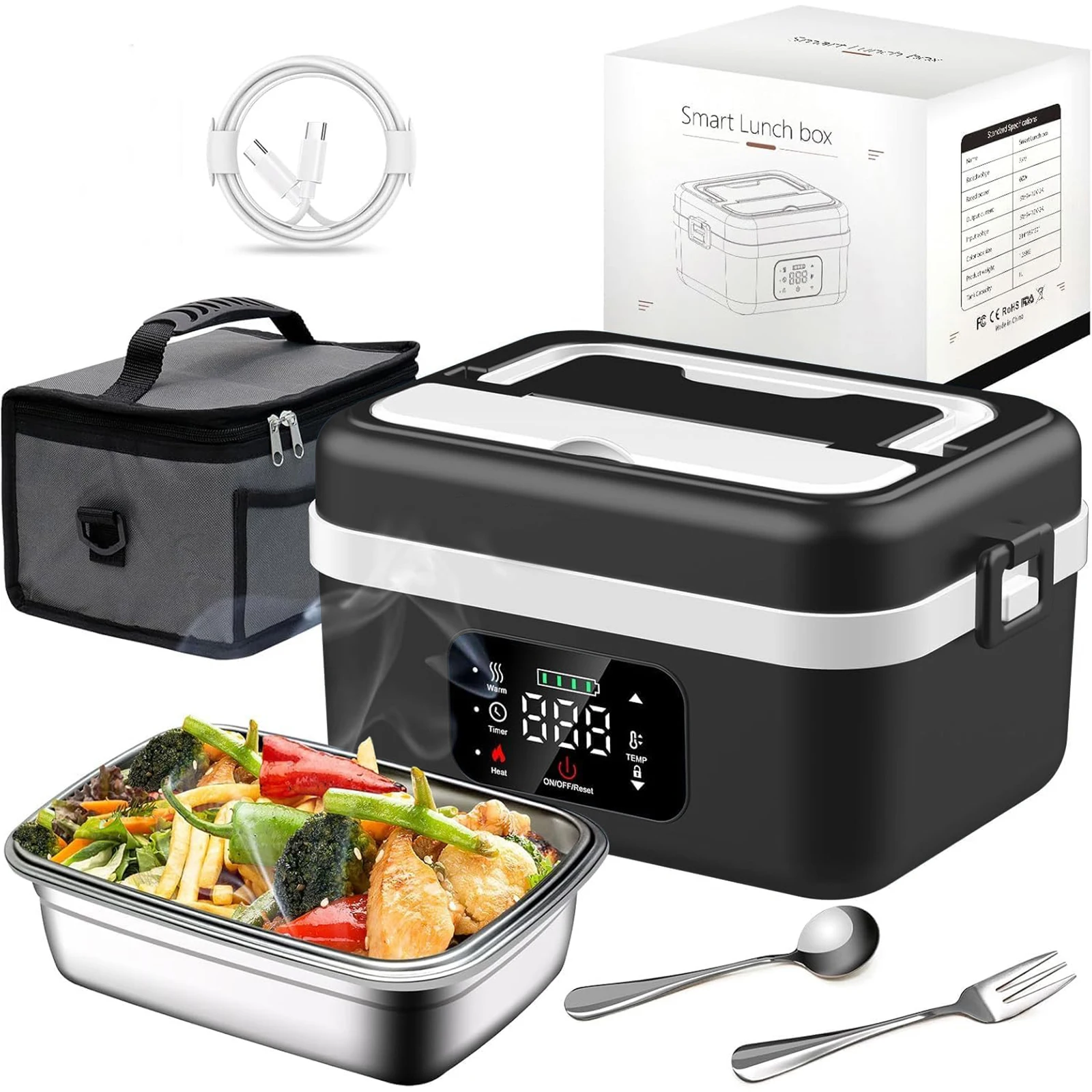 Cordless Electric Lunch Box with Timer, Portable 1L Rechargeable Self-Heating Food Warmer for Adults, Ideal for Work and Travel