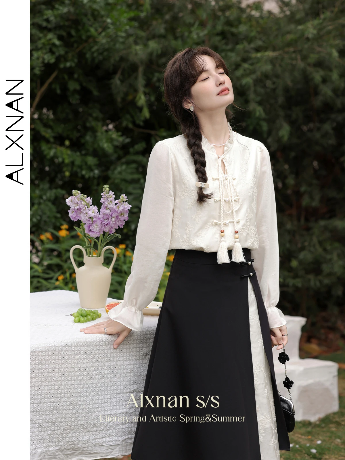 ALXNAN Chinese Style Long Sleeve Shirt Women 2024 Spring Autumn Ruffle Collar Button Down Blouse Embroidered Lace-up Tops L33558