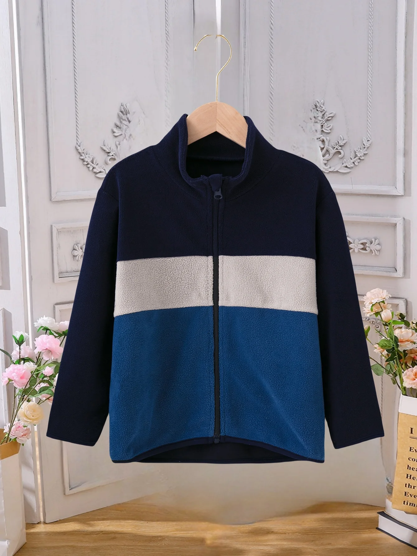 Children's wear boys autumn splicing color polar fleece zipper long sleeve stand collar soft skin delicate light warm coat