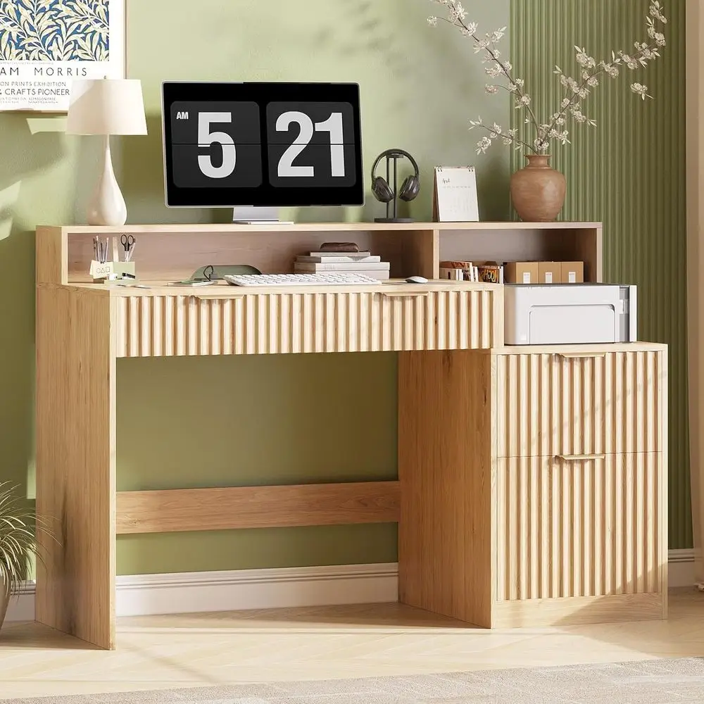 

Oak Home Office Desk with Power Outlets, Drawers, Printer Stand, and Long Monitor Shelf