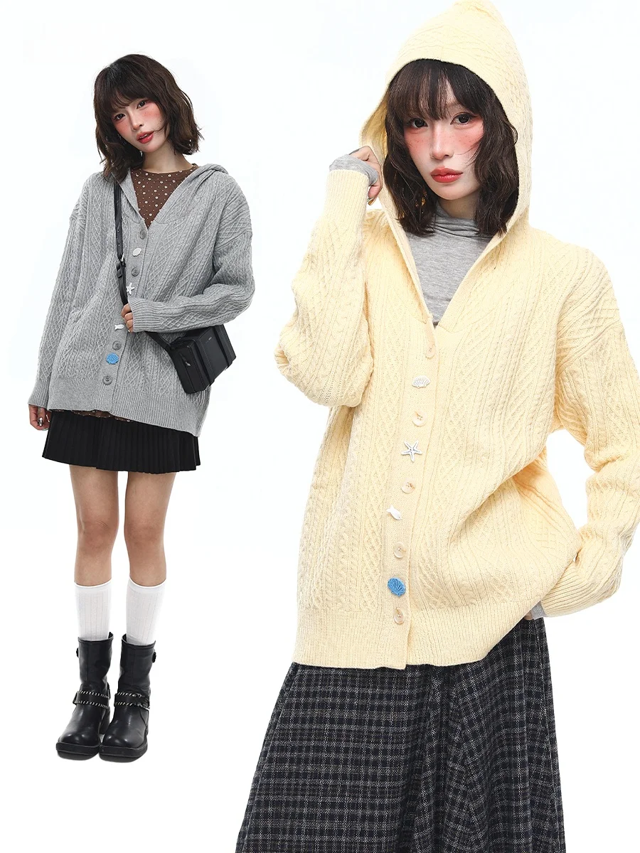 

Sanowers Sweet Sle ell Button Hooded Open Cardigan Sweater Women's Loose Lazy Knitted Jaet Autumn Winter Casual Faion