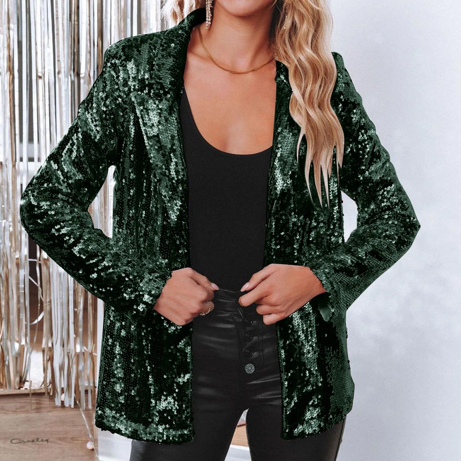 Sequin Glitter Party Open Front Casual Suit Coat Long Sleeve Shiny Lapel Rave Outerwear Autumn Winter Loose Fit Blazer Women