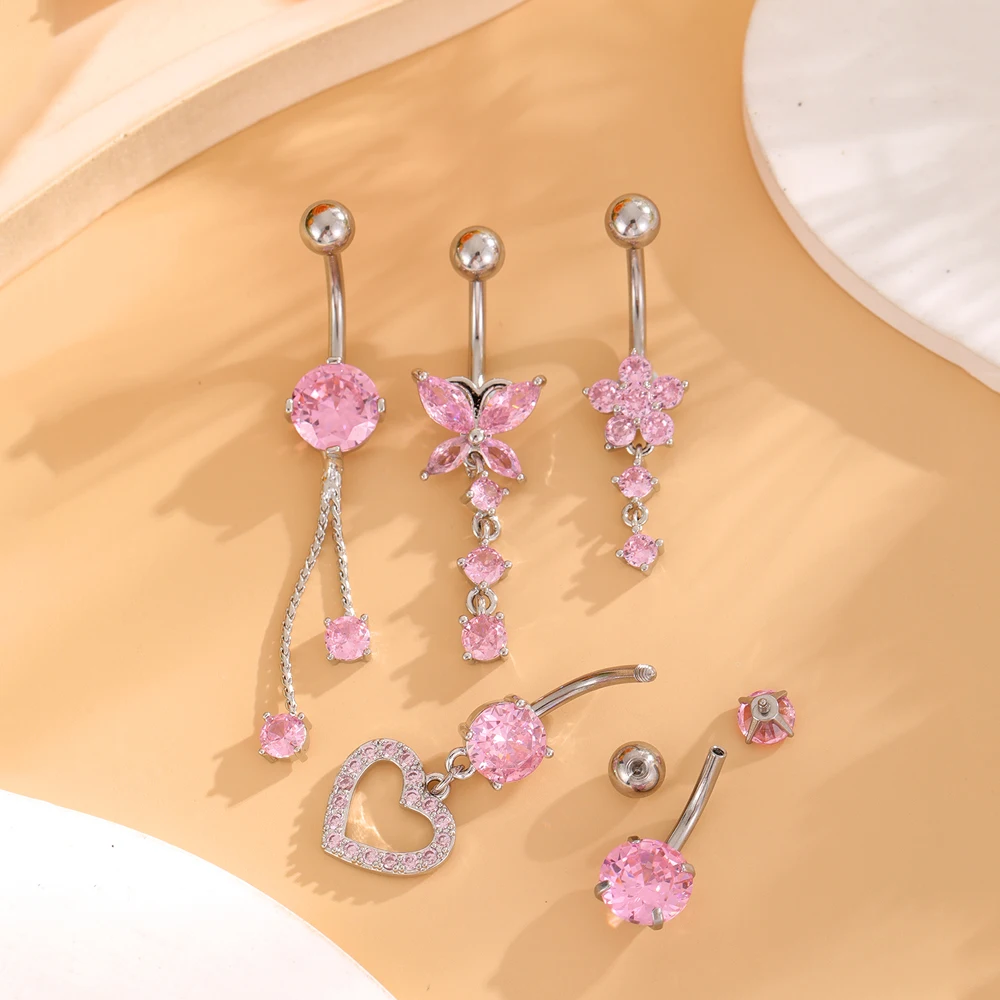 Pink Color Series Belly Button Rings Sets Flower Heart Crystal Curved Navel Piercing Stainless Steel Dangled Belly Piercings