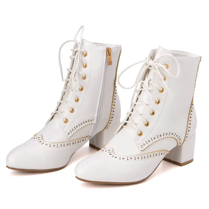 

Extra Big Size 49 50 51 52 53 54 White Black Brogue Designer British Women Shoes Winter Square Chunky Heels Ankle Western Boots