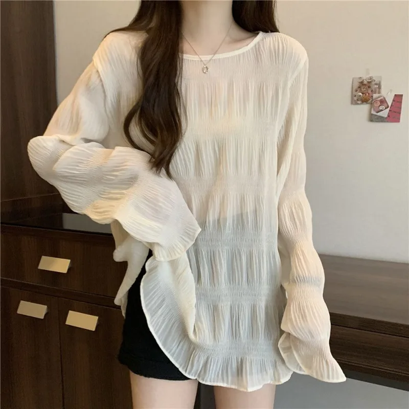 Women's 2024 Summer New Solid Color Korean Commute Loose Spliced Ruched Thin All-match Midi Crew Neck Long Sleeve T-shirts Tops