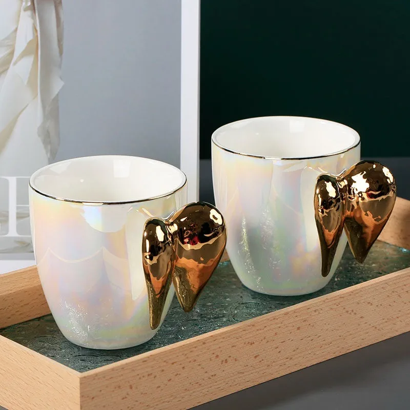 Pearl Iridescent Ceramic Mug with 3D Golden Angel Wing Handle, Creative Porcelain Water Cup for Wedding Gift