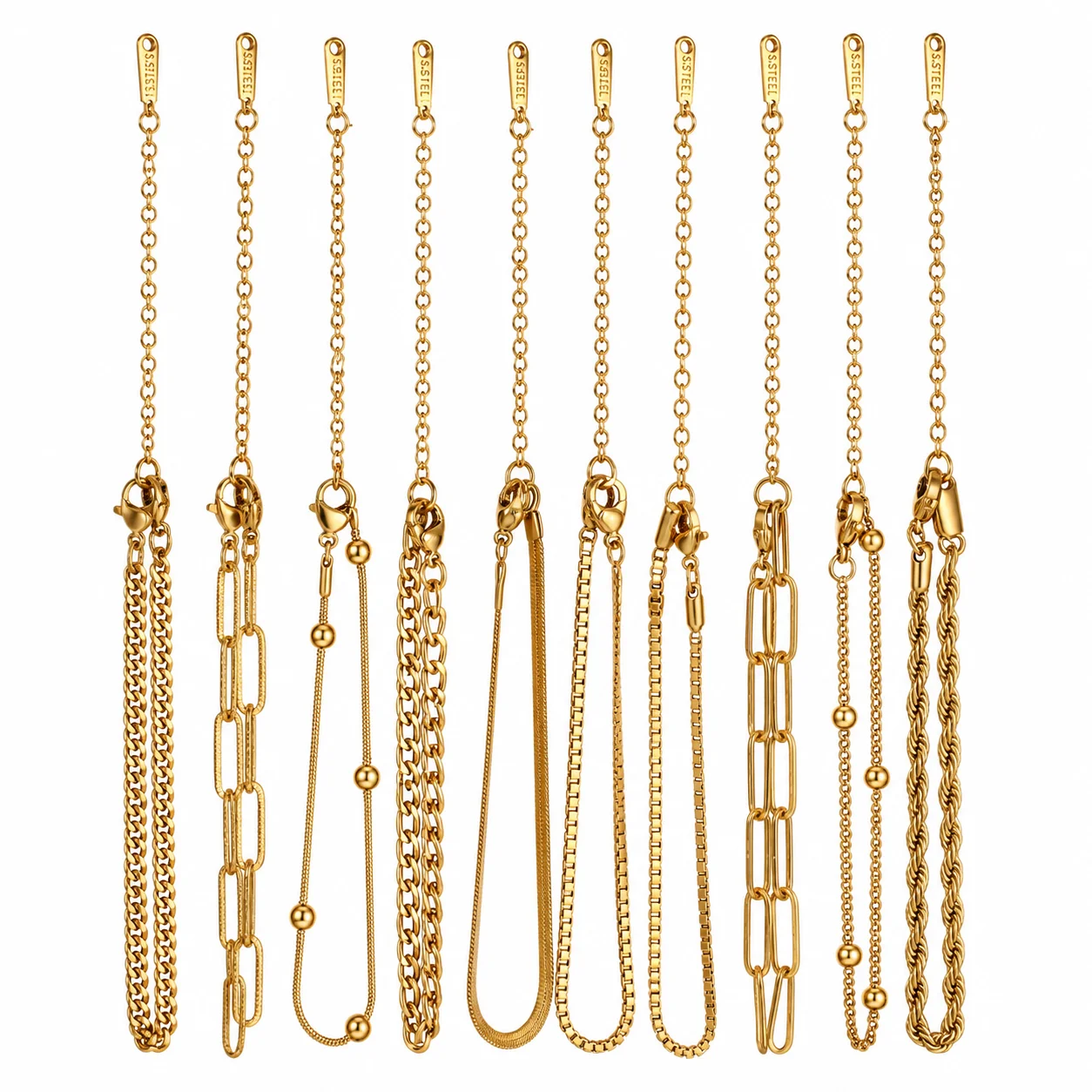 5-teiliges Stapelbares Armband-Set Exquisite Damen Wasserdichte Edelstahl Vergoldete Box-/Paperclip-/Perlenketten-Armbänder Schmuck