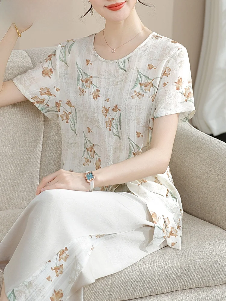 

Faionable Summer Mommy Outfit Chiffon Set for Middle-Aged Women ort Sve T-irt Small irt Loose Fit round Ne Two-P...