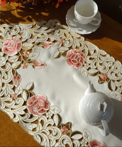 

Розовая элегантная вышитая скатерть-дорожка в пасторальном стиле, роскошная тканевая салфетка для чайного столика, декоративное покрытие для стола