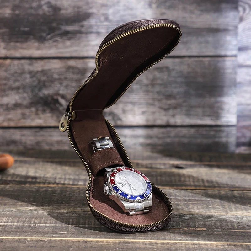 

Cowhide Leather Watch Case with Zipper Closure Portable Single Watch Storage Brown Box with Soft Lining
