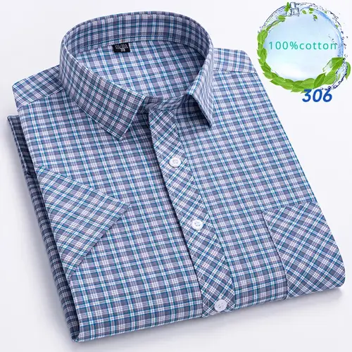 New in Shirt Over Size 100% Cotton Thin Summer Short Sleeve Shirts for Men Slim Fit Plain Shirt Plaid Soft Korean Popular Clothe - Image 7