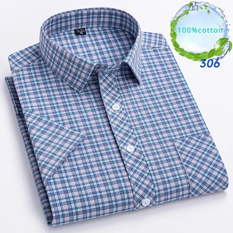 New in Shirt Over Size 100% Cotton Thin Summer Short Sleeve Shirts for Men Slim Fit Plain Shirt Plaid Soft Korean Popular Clothe - Image 7