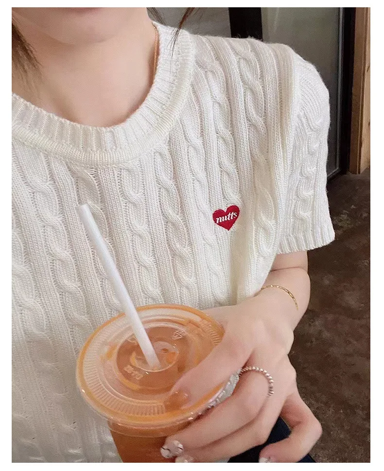 Short Sleeve Knitted T-shirt Women Thin Fried Dough Twists Top Tee