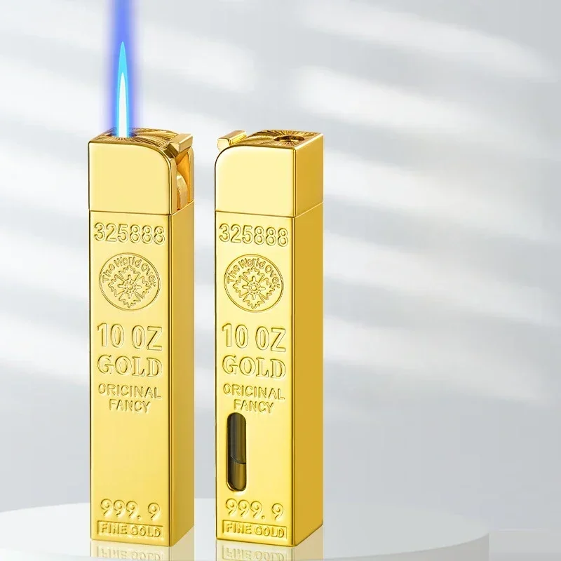 Funny Gold Bar Lighter Inflatable Butane Lighter with Transparent Gas Tank Windproof Jet Flame Torch Lighter Smoking Accessories