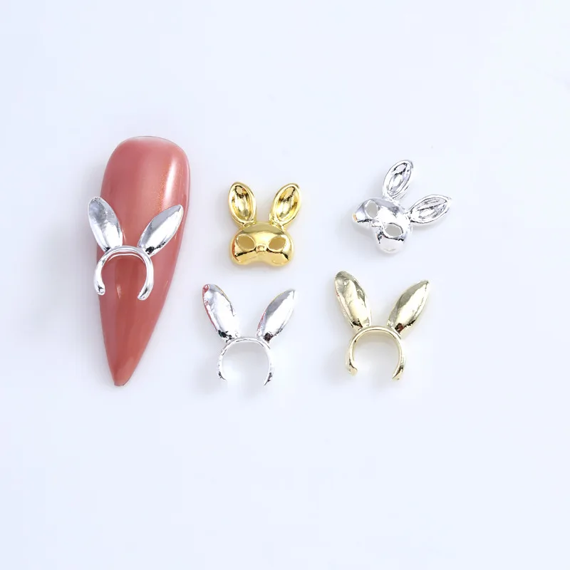 10Pcs หน้ากากกระต่ายหูเล็บ Charms Gold Silver Alloy เล็บโลหะตกแต่ง Rivet เครื่องประดับ3D อุปกรณ์แต่งเล็บ