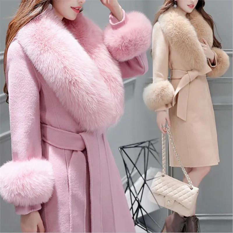 

Women Korean Winter Long Overcoat Outwear Wool Coat Loose Cardigans Big fur collar Long Sleeve belt Manteau Femme Hiver Elegant