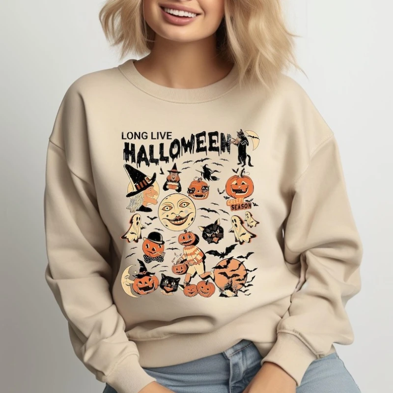 Halloween moletom feminino manga longa solto outono quente longo ao vivo halloween moletom com capuz bonito presente assustador ‌   Tops com padrão de