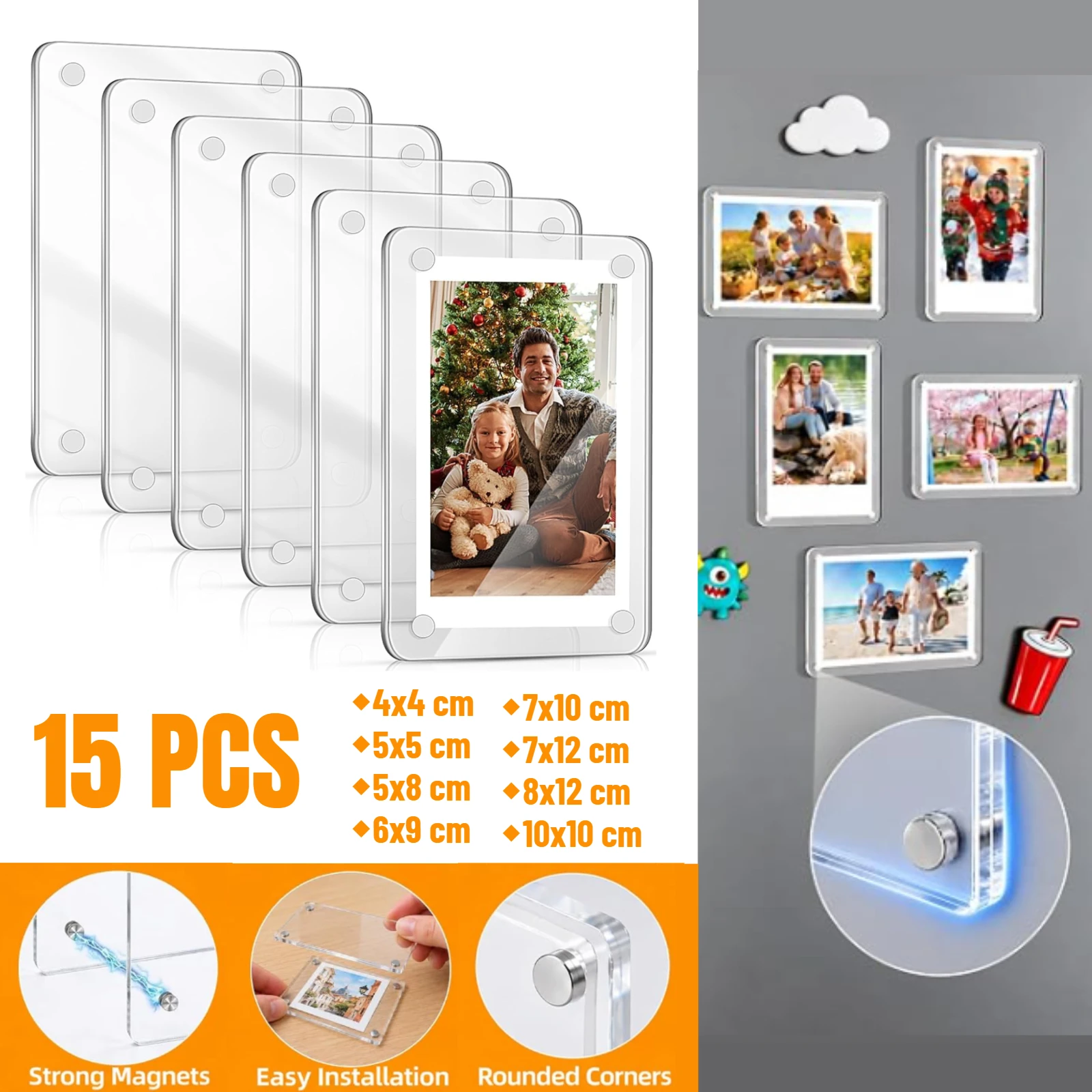 15 Pcs Acrylic Fridge Magnetic Frames for Photos Mini Pictures Double Sided Clear for Whiteboard Metal Cabinet Classroom Display
