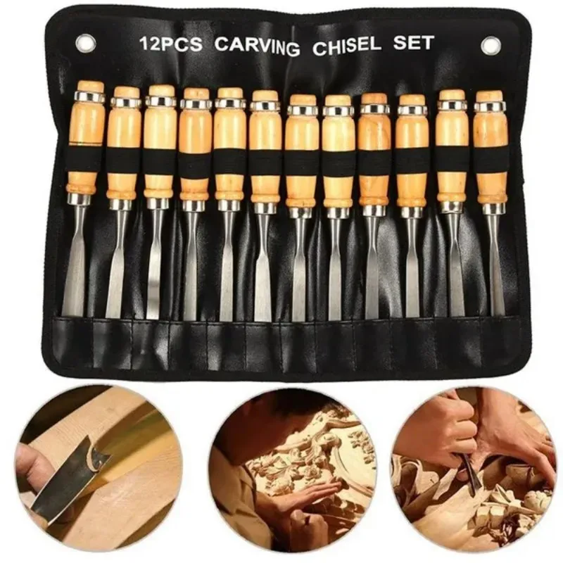 12PCS/Set Wood Carving Hand Chisel Set Woodworking Lathe Gouges Tools Woodcarving Tools Set Carved Chisel Carving Knife Set