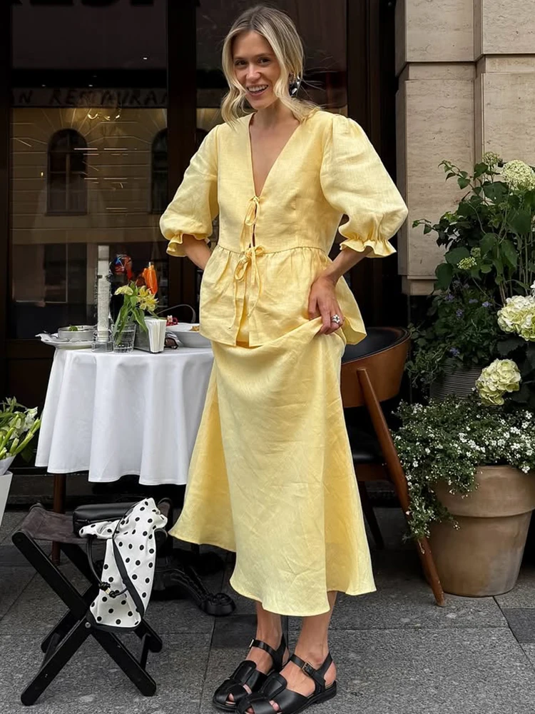 

Tuularose Ruffle Long Dress Two Piece Summer V-Neck Lace-up Cardigan Top Casual Skirt Set Elegant Fashion Women's Long Dress Set