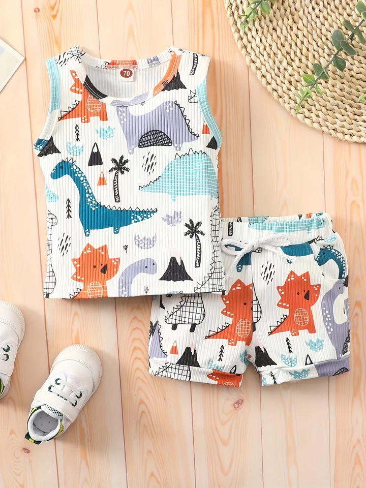  Summer Toddler Boys Dinosaur Sleeveless Vest Shorts Set Kids Casual Soft Cotton 2 Piece Clothing Suits 