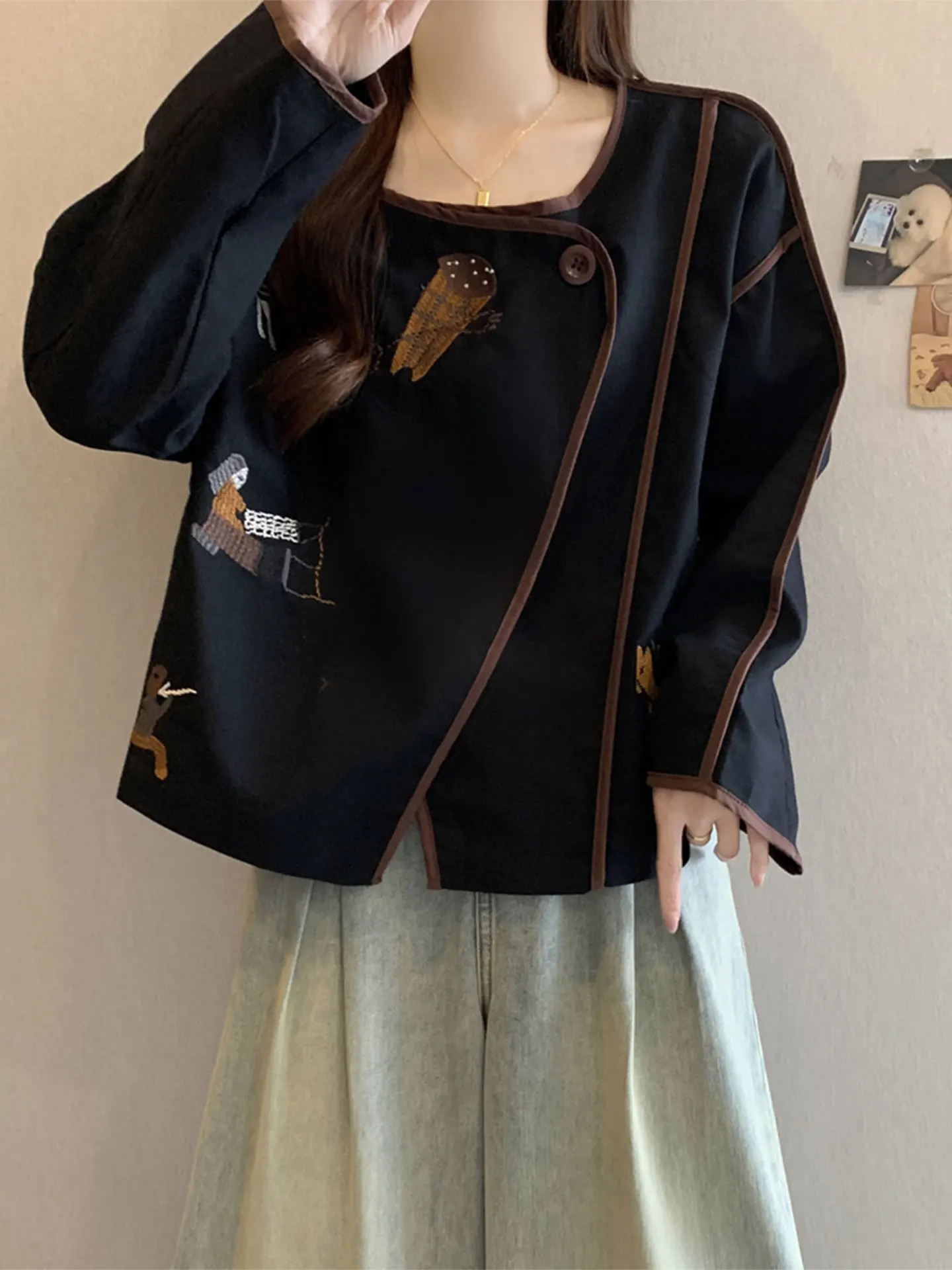 

Ретро-кардиган с вышивкой, женский, больших размеров, укороченный, корейский стиль, повседневный, весенний, модный дизайн