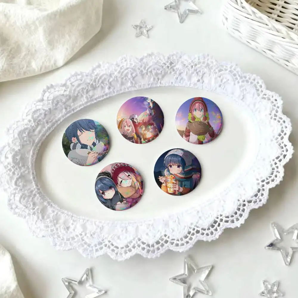 Anime Yuru Camp Season For Badge Personalized Custom Laser Reflective Badge Hologram Metal Enamel Pin Brooch Souvenir Gift