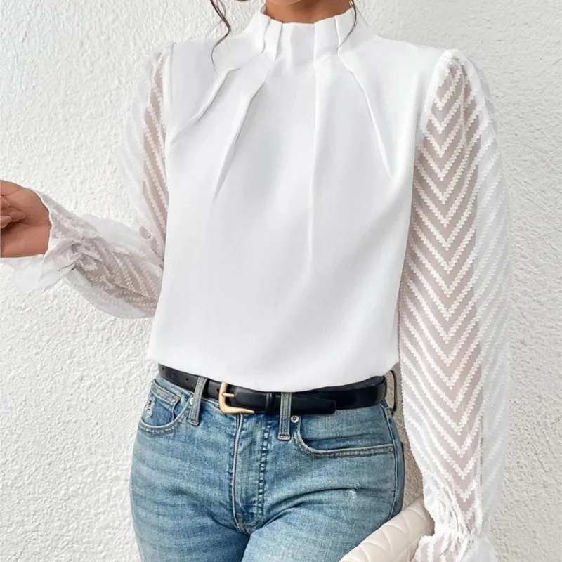 Elegant Blouse White Women's Shirt 2024 New Half High Neck Spliced Wave Pattern Chiffon Long sleeved Top Office Lady S-2XL