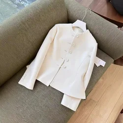 French Elegant Round Neck Long Sleeve Solid Color Coat Classic Retro Single-Breast Waisted Suit Jacket with Slits on Both Sides