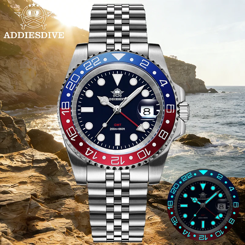 

ADDIESDIVE Men's GMT Quartz Watch High Quality 200m Waterproof Wristwatch Ceramic Bezel Super Luminous Stainless Steel Watches