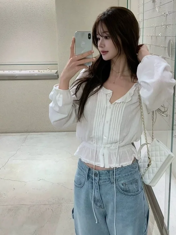 

Waist-Cinching Dstring Bubble-Sve V-Ne Women's irt Gentle Sle Dongda Gate Vegetable Home Cotton Casual irt