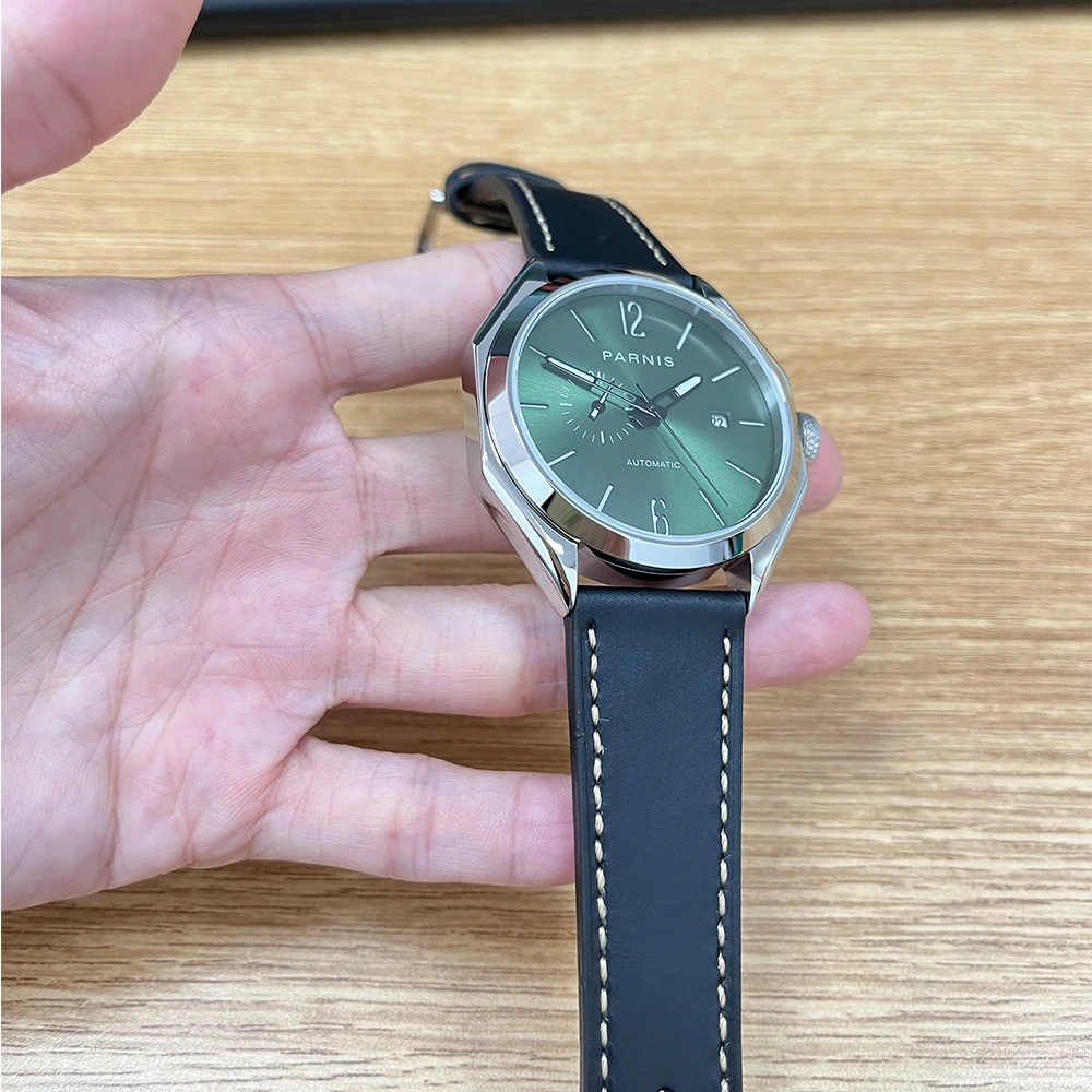 New Arrival Parnis 43mm Green Dial Automatic Mechanical Men Watches Leather Strap Sapphire Crystal Watch For Men reloj hombre